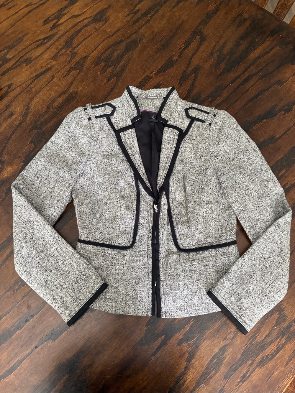 White House Black Market Gray Tweed Cropped Blazer with Black Trim